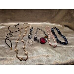 Vintage Lot Of 6 Necklaces Beaded, Knotted, Cheetah, Telephone And Shells